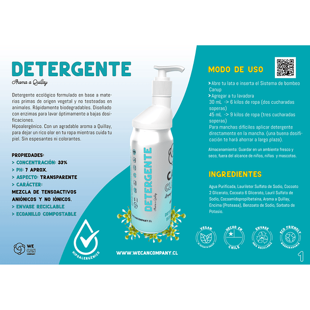 Detergente de ropa en Lata Concentrado Hipoalergénico 450 mL + Sistema de Bombeo Canup 3