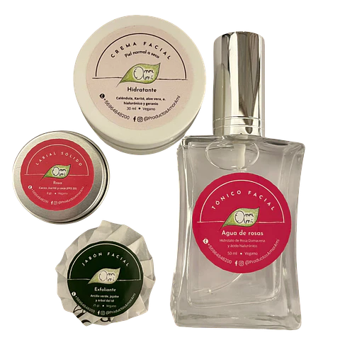 Amor Amí Pack Facial: crema facial + agua de rosas + jabón facial + labial rosa