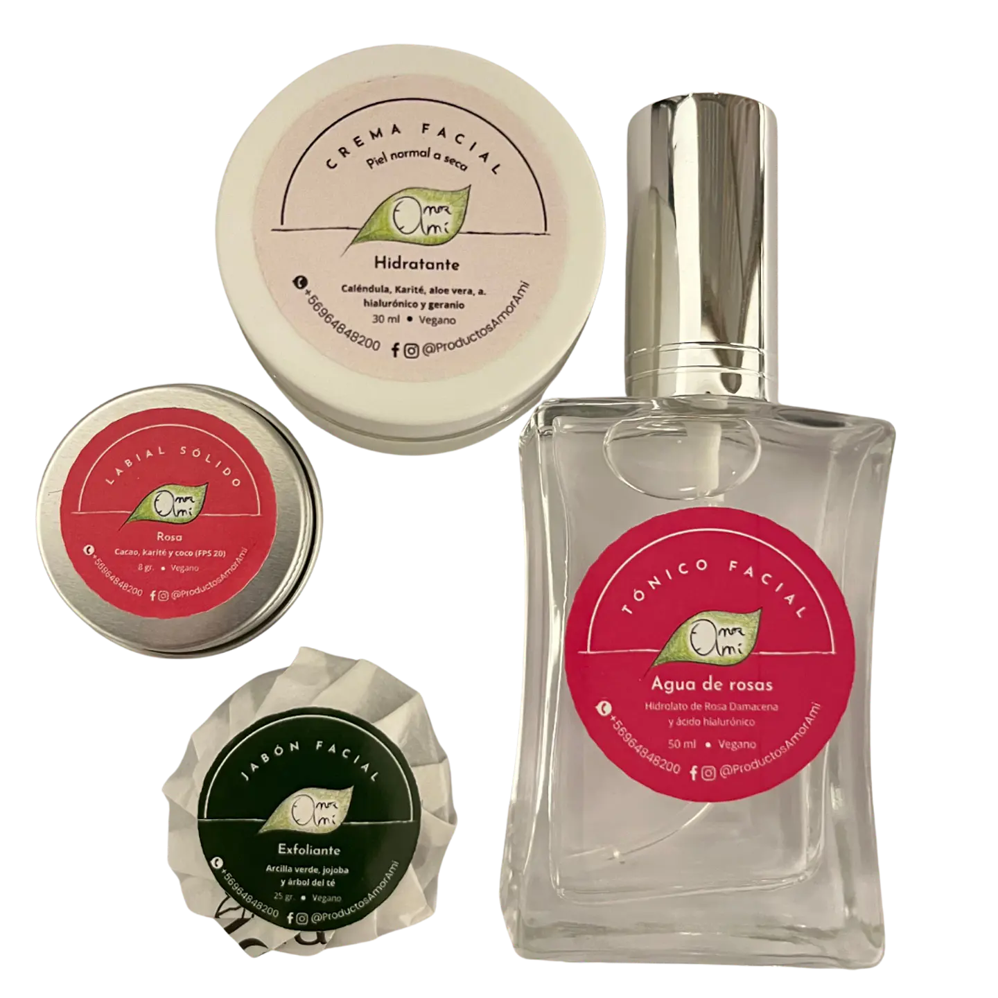 Amor Amí Pack Facial: crema facial + agua de rosas + jabón facial + labial rosa 1