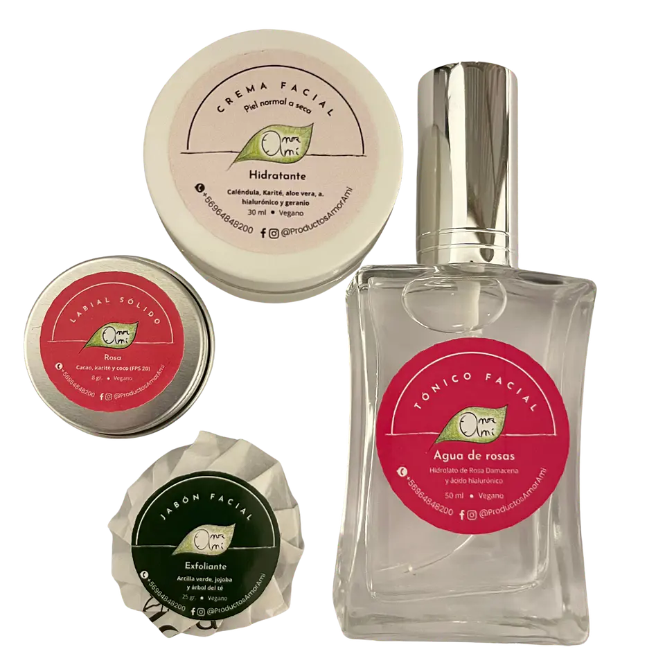 Amor Amí Pack Facial: crema facial + agua de rosas + jabón facial + labial rosa 1