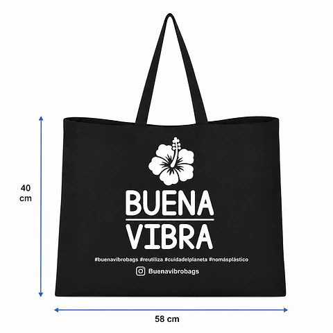 Bolsa reutilizable negra de crea 58 x 40 cm con asas y fuelle 10 cm – Buena Vibra Bags