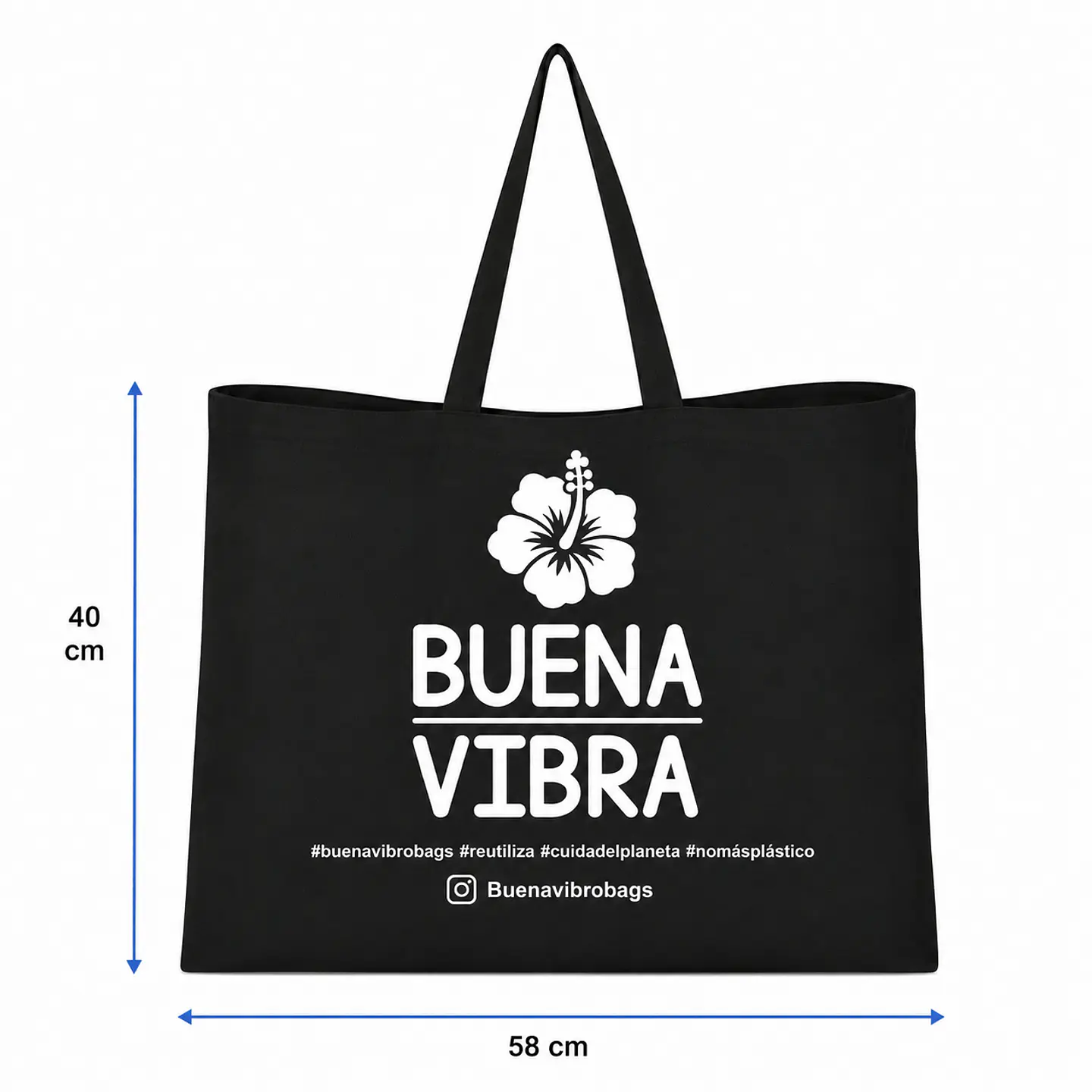 Bolsa reutilizable negra de crea 58 x 40 cm con asas y fuelle 10 cm – Buena Vibra Bags 1