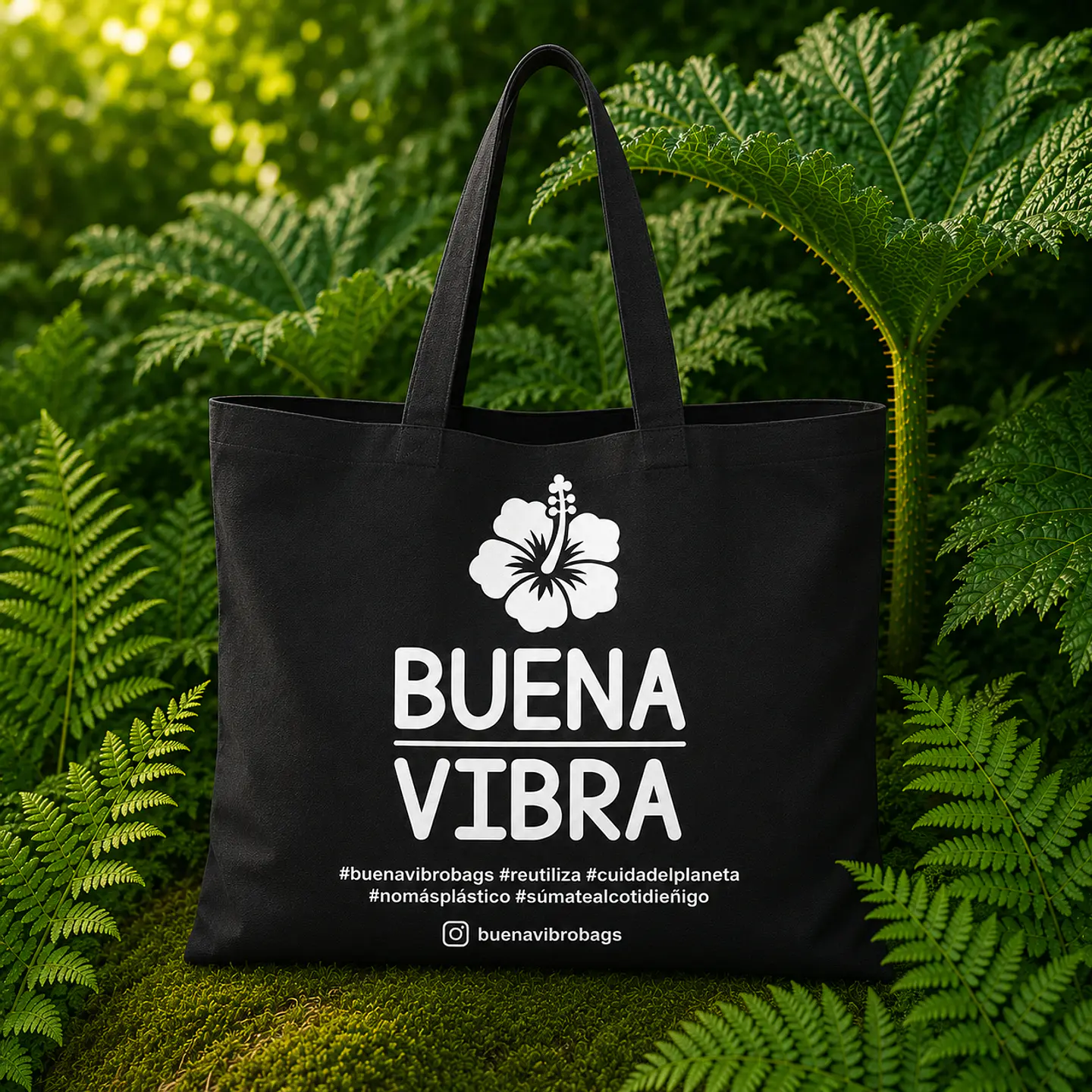 Bolsa reutilizable negra de crea 58 x 40 cm con asas y fuelle 10 cm – Buena Vibra Bags 2
