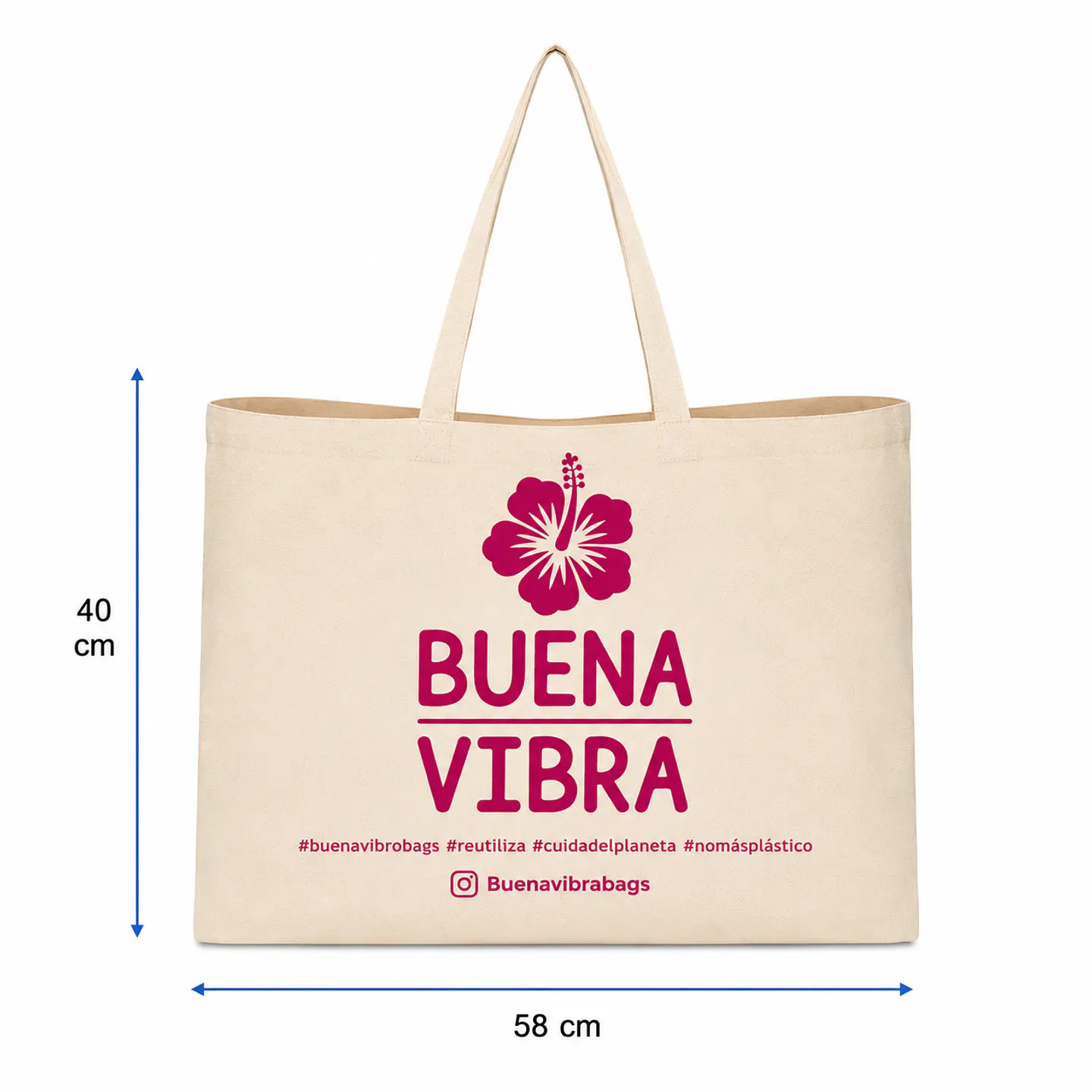 Bolsa reutilizable de crea 58 x 40 cm con asas y fuelle 10 cm – Buena Vibra Bags 1