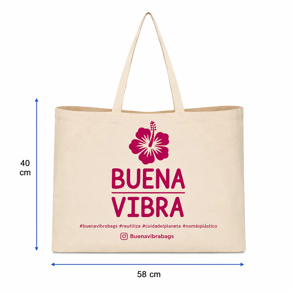 Bolsa reutilizable de crea 58 x 40 cm con asas y fuelle 10 cm – Buena Vibra Bags 1