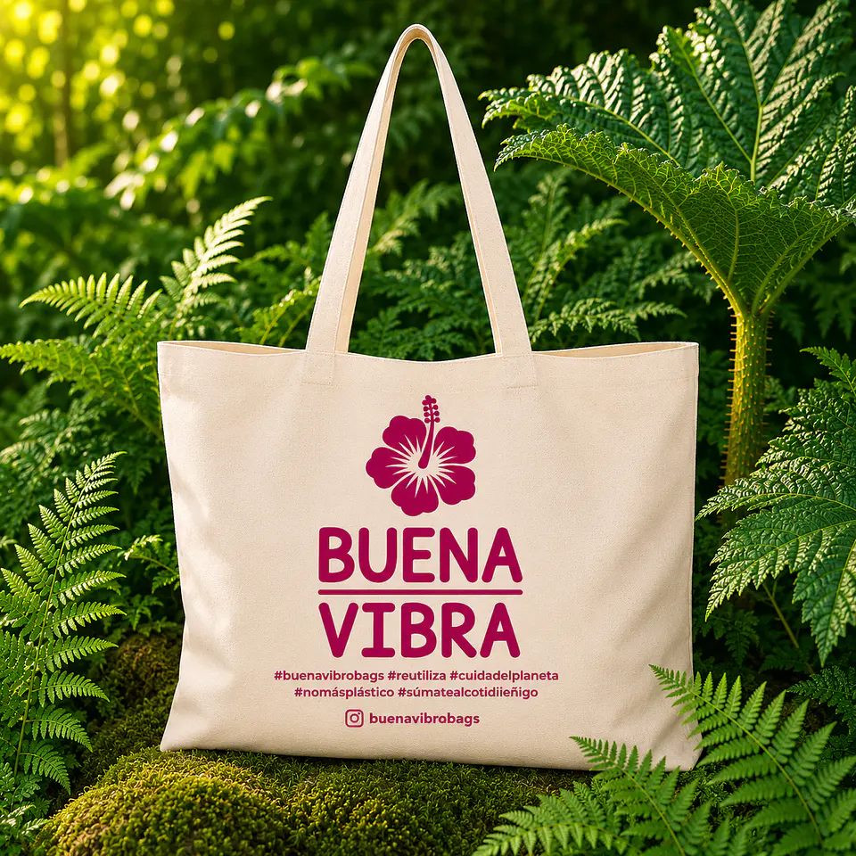 Bolsa reutilizable de crea 58 x 40 cm con asas y fuelle 10 cm – Buena Vibra Bags 2