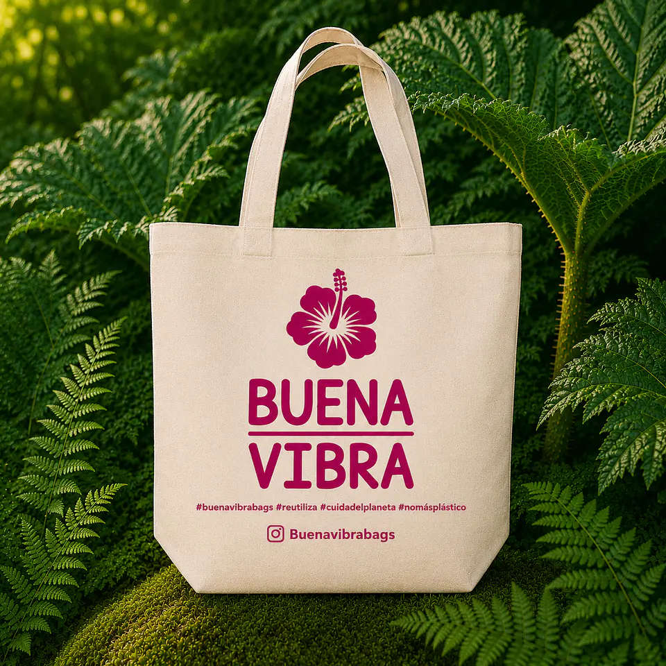 Bolsa reutilizable de crea 39 x 40 cm con asas y fuelle 18 cm – Buena Vibra Bags 2