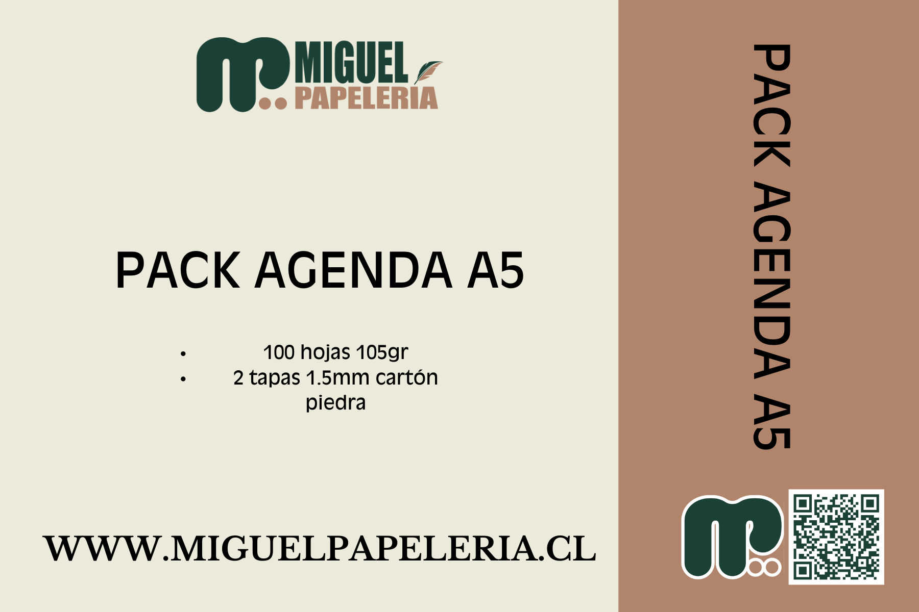 Pack agenda 10x21cm 100 hojas 106gr mas dos tapas cartón piedra 1,5mm