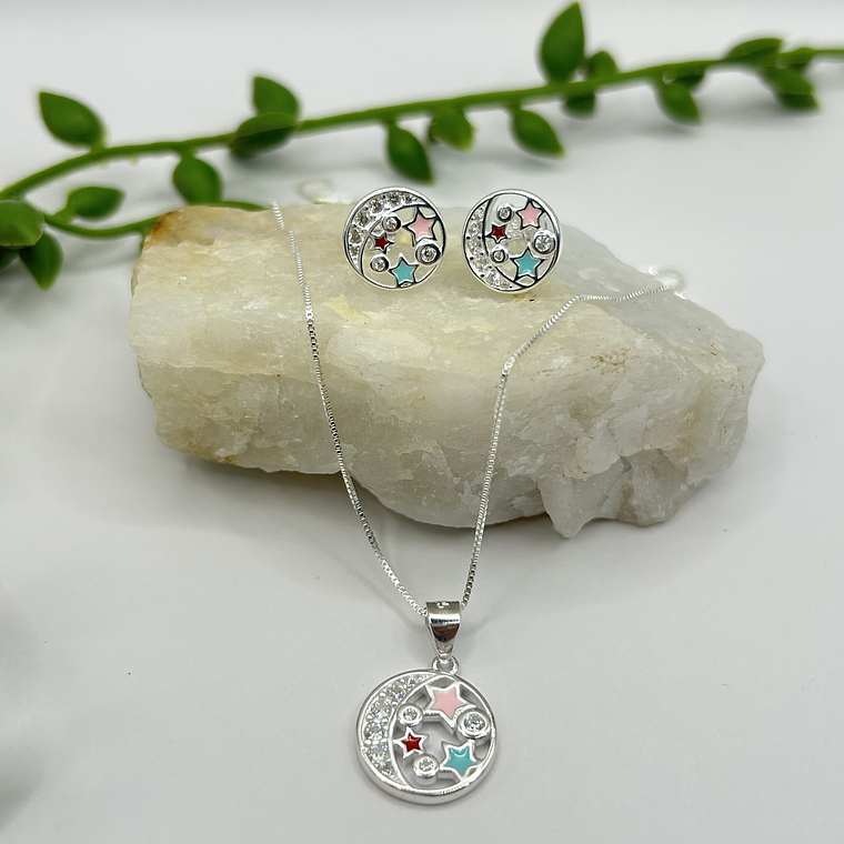 Conjunto media luna estrellas esmaltadas multicolor circones 1