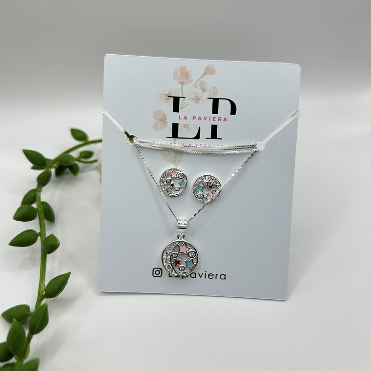 Conjunto media luna estrellas esmaltadas multicolor circones 5