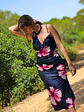 Vestido Nova – Vestido Comprido Azul Escuro com Flores Rosa - Thumbnail 5