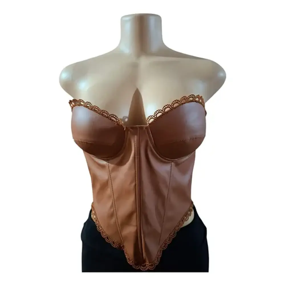 Corset Bustier Ecocuero Strapless Con Encaje Café