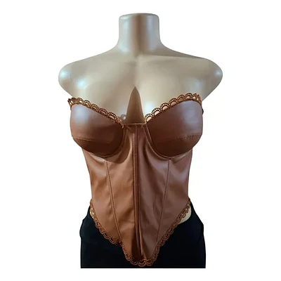 Corset Bustier Ecocuero Strapless Con Encaje Café