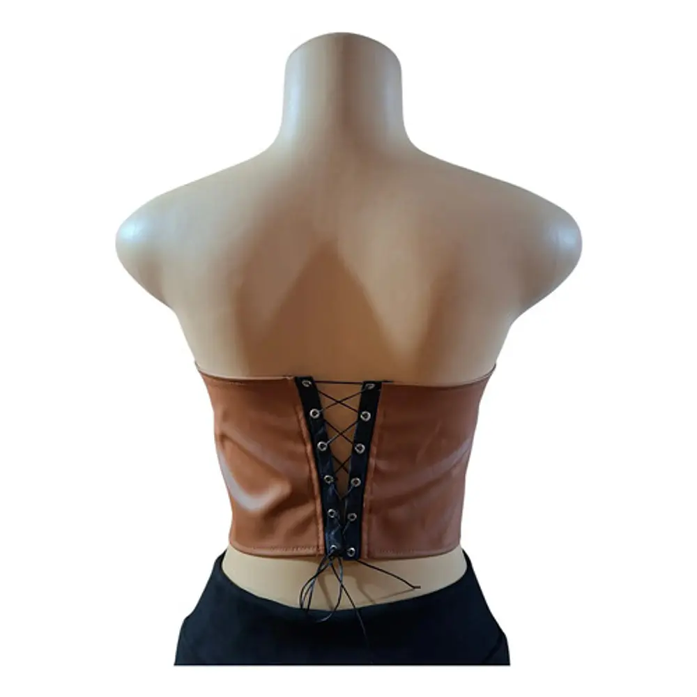 Corset Bustier Ecocuero Strapless Con Encaje Café