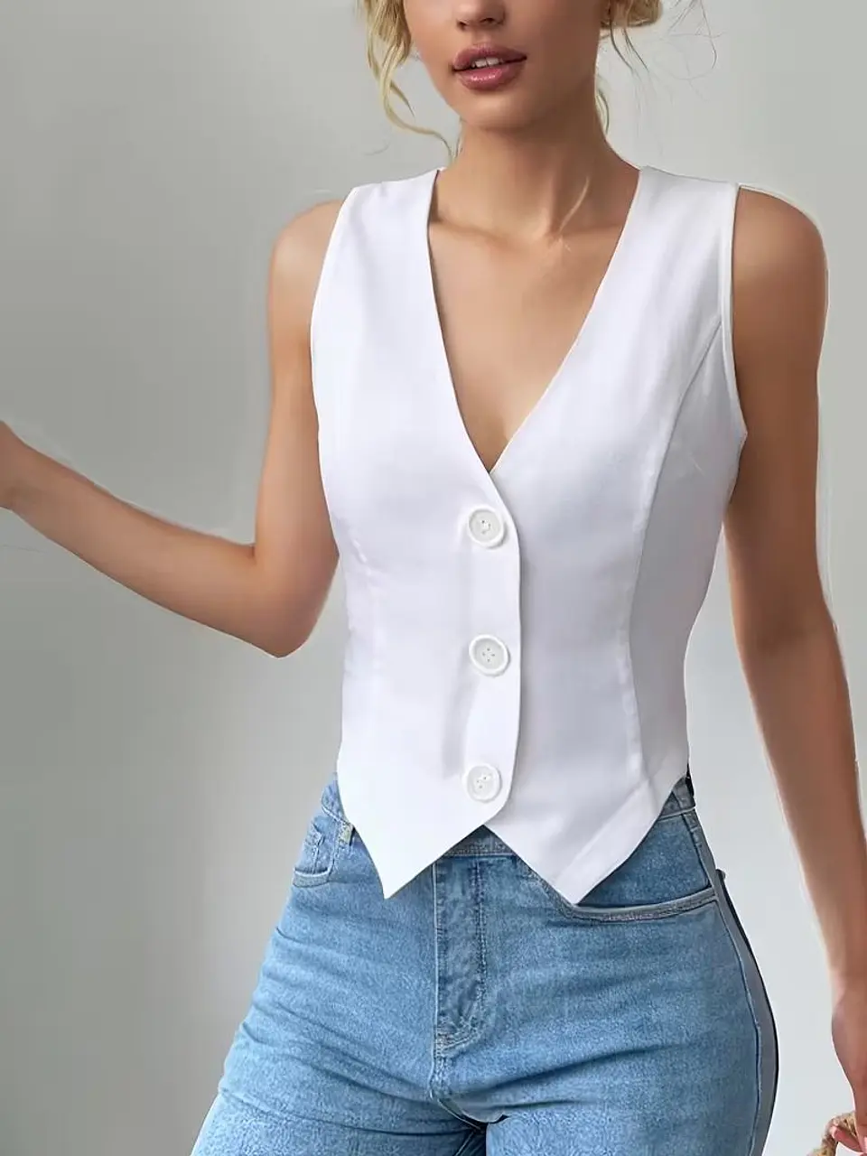 chaleco sastre blanco  cuello en V de mujer 1
