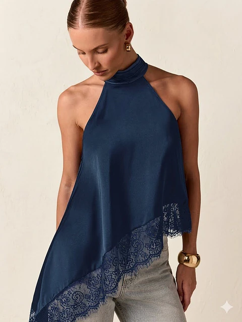 Blusa asimétrica de satén para mujer Cuello Halter
