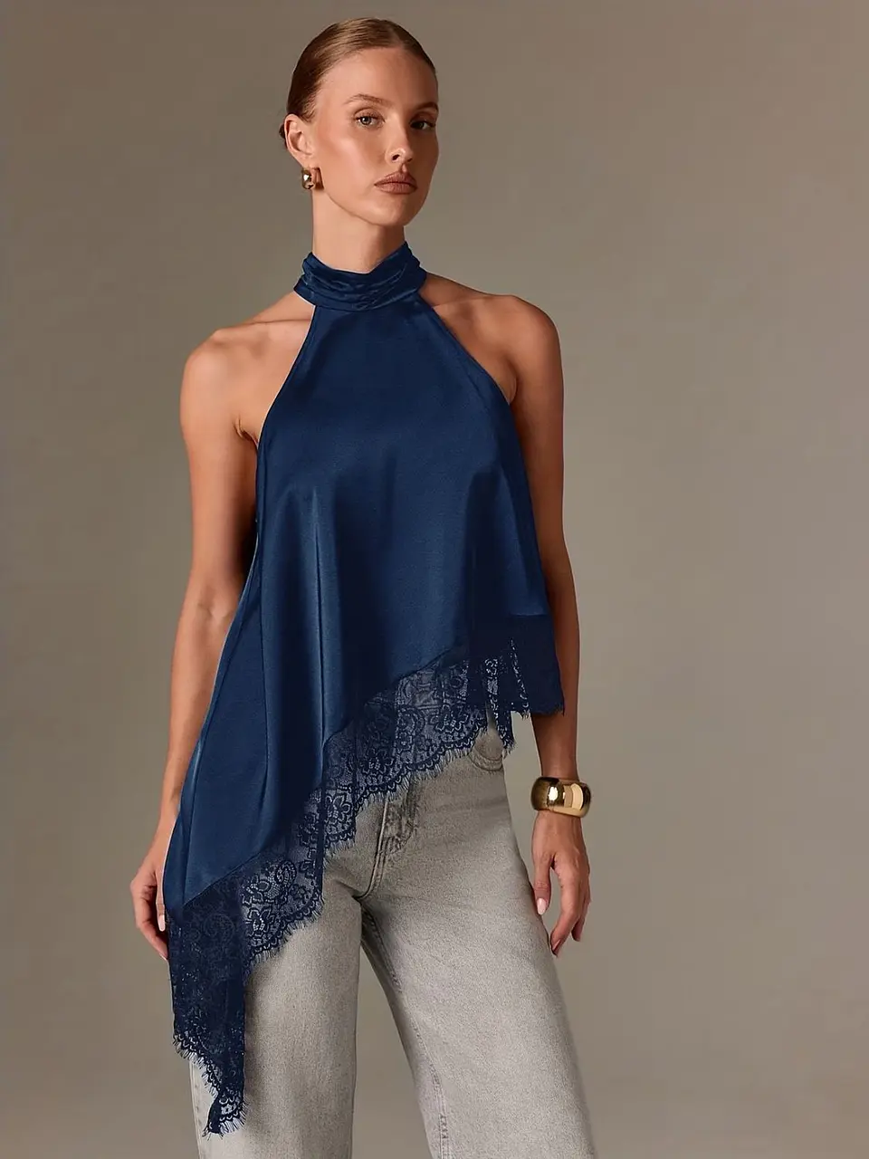 Blusa asimétrica de satén para mujer Cuello Halter 5