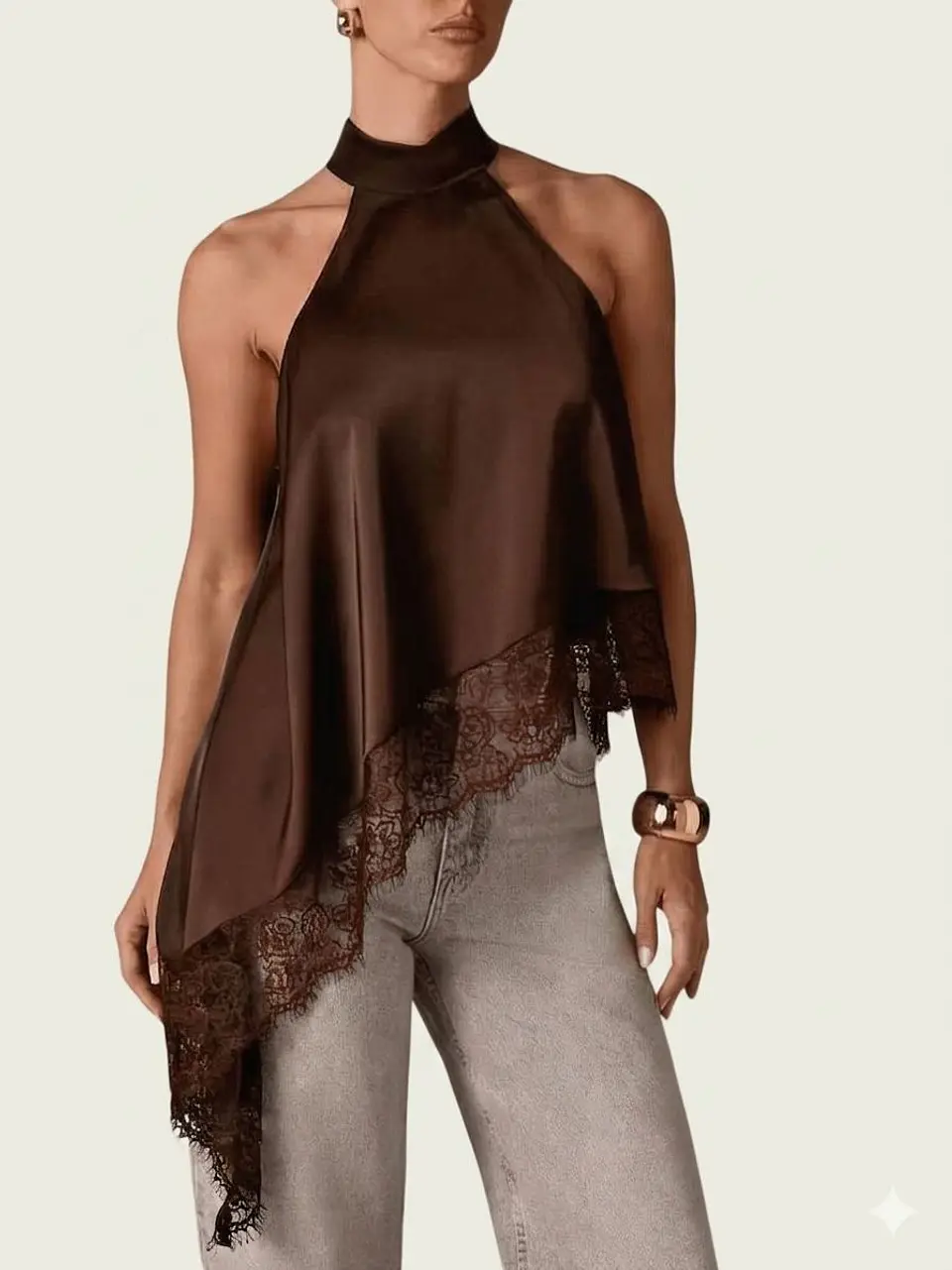 Blusa asimétrica de satén para mujer Cuello Halter 12