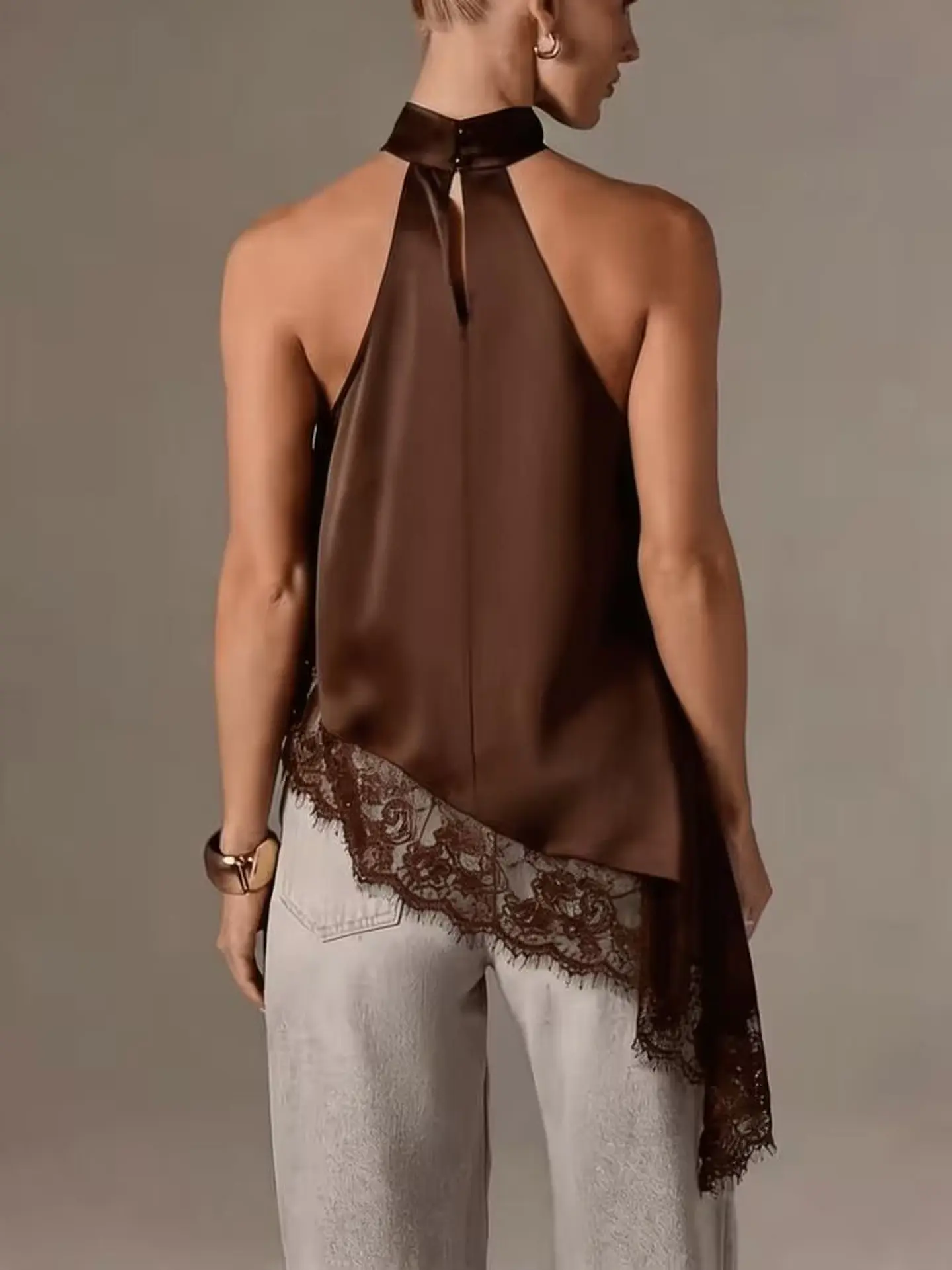 Blusa asimétrica de satén para mujer Cuello Halter 13