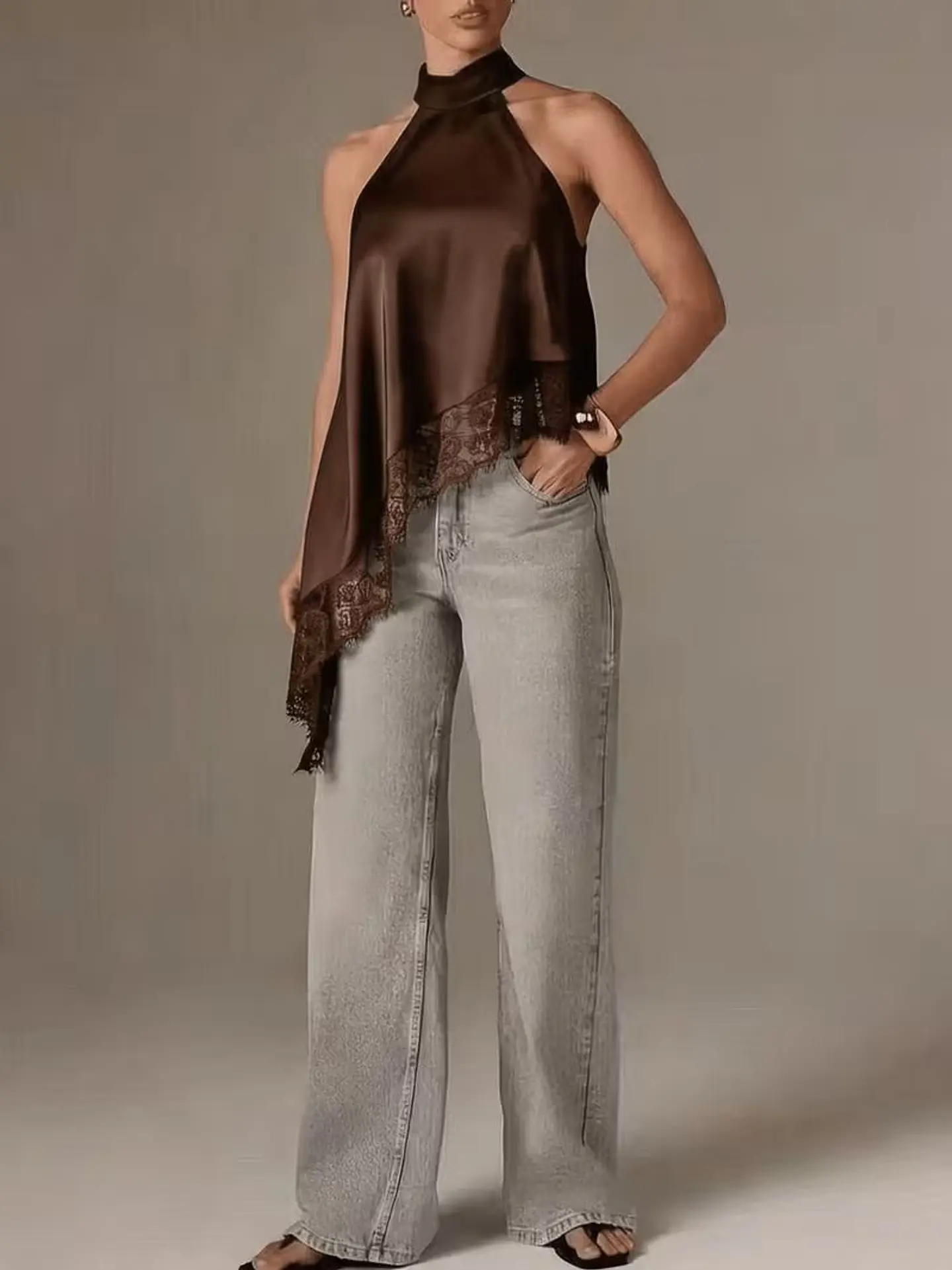 Blusa asimétrica de satén para mujer Cuello Halter 14