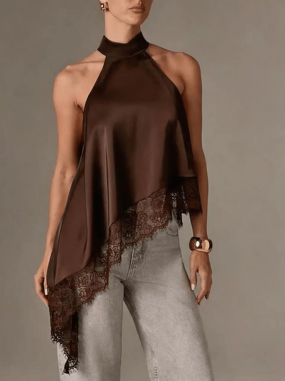 Blusa asimétrica de satén para mujer Cuello Halter 16