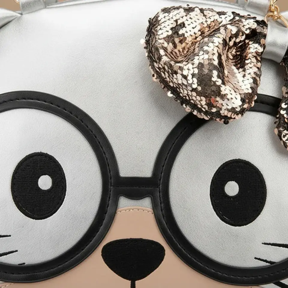 Cartera Bolso Gato Kawaii Con Lentes Y Lazo Lentejuelas 3