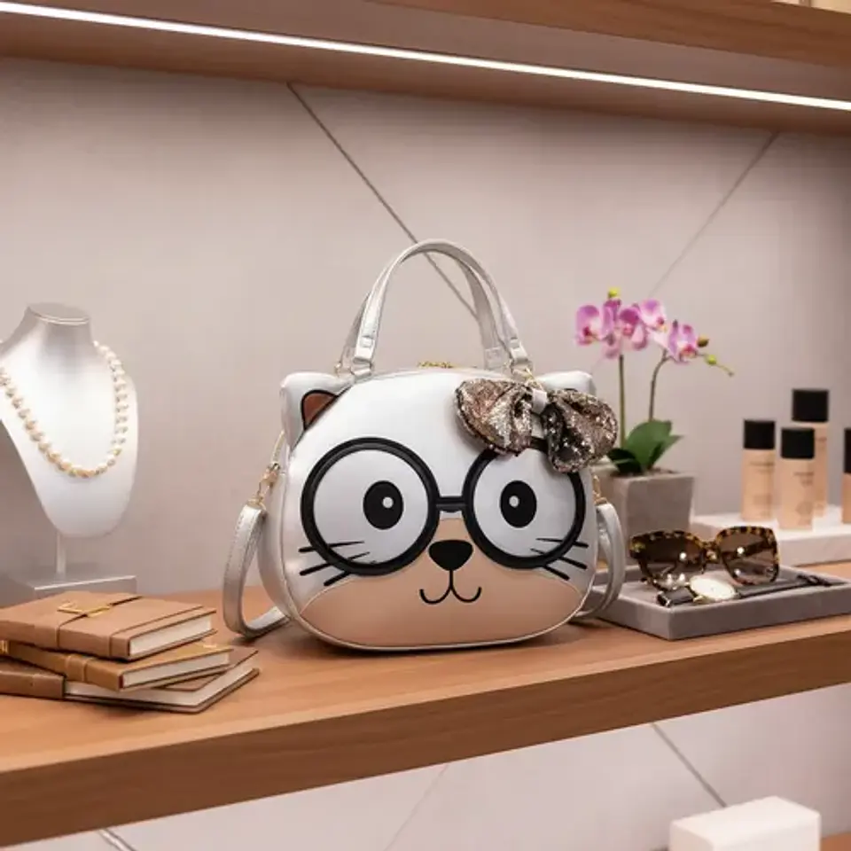 Cartera Bolso Gato Kawaii Con Lentes Y Lazo Lentejuelas 5