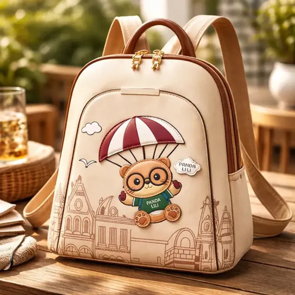 Mochila Mujer Panda Lili Ecocuero Rosa Diseño Oso Paracaídas 1