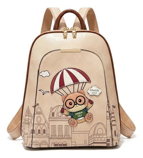 Mochila Mujer Panda Lili Ecocuero Rosa Diseño Oso Paracaídas