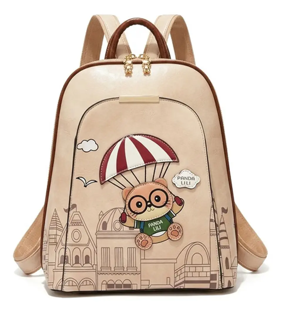Mochila Mujer Panda Lili Ecocuero Rosa Diseño Oso Paracaídas 2