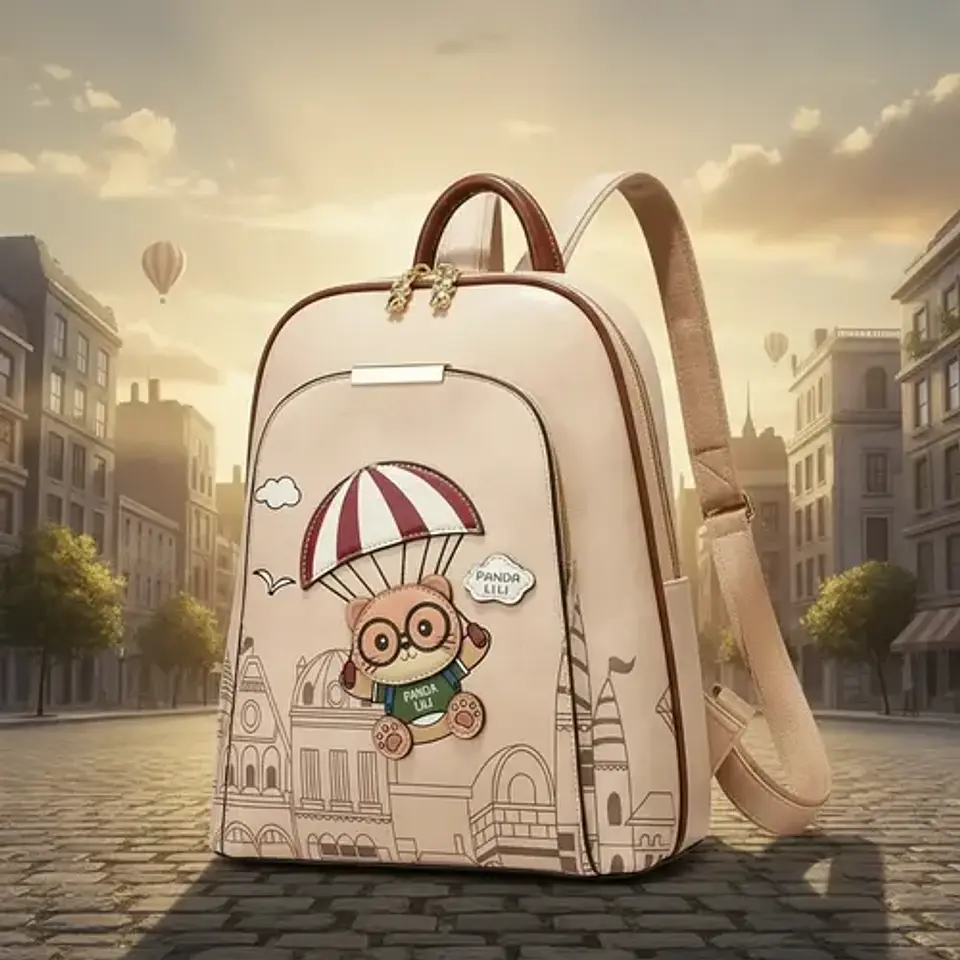 Mochila Mujer Panda Lili Ecocuero Rosa Diseño Oso Paracaídas 5
