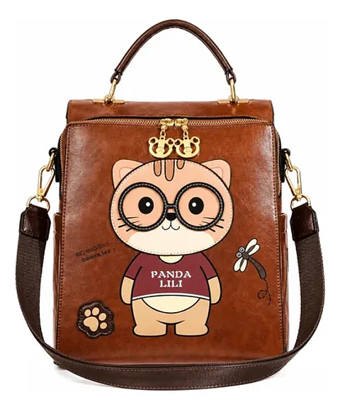 Mochila Cartera Mujer Gato Animado Eco Cuero Café