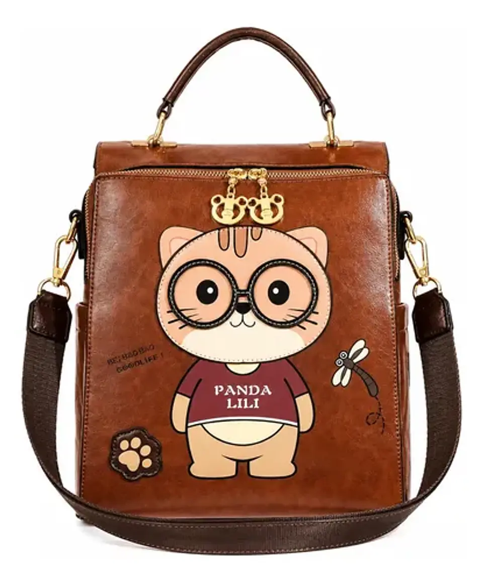 Mochila Cartera Mujer Gato Animado Eco Cuero Café 1