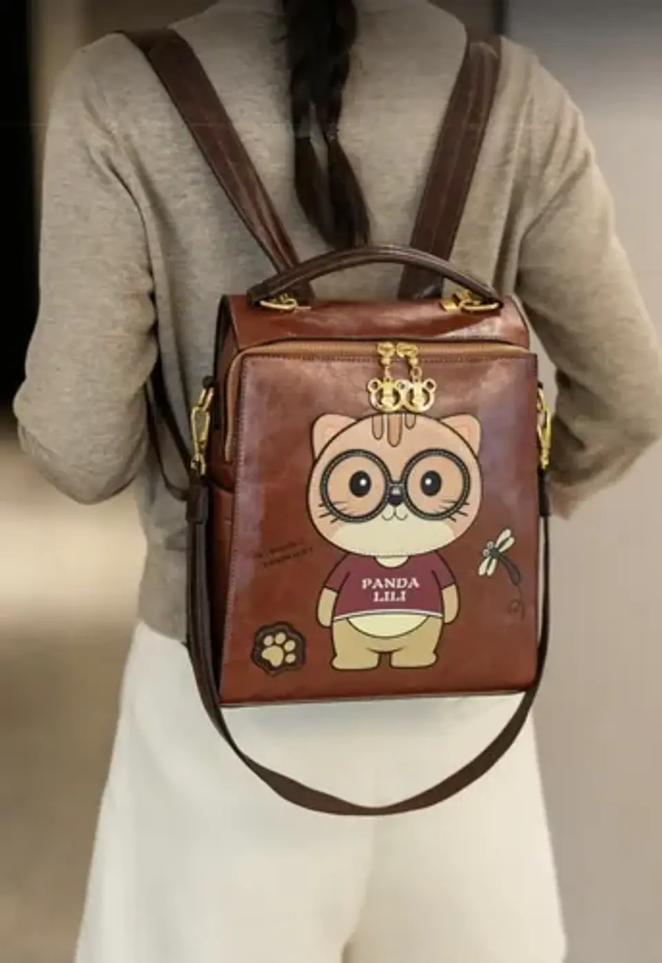 Mochila Cartera Mujer Gato Animado Eco Cuero Café 3