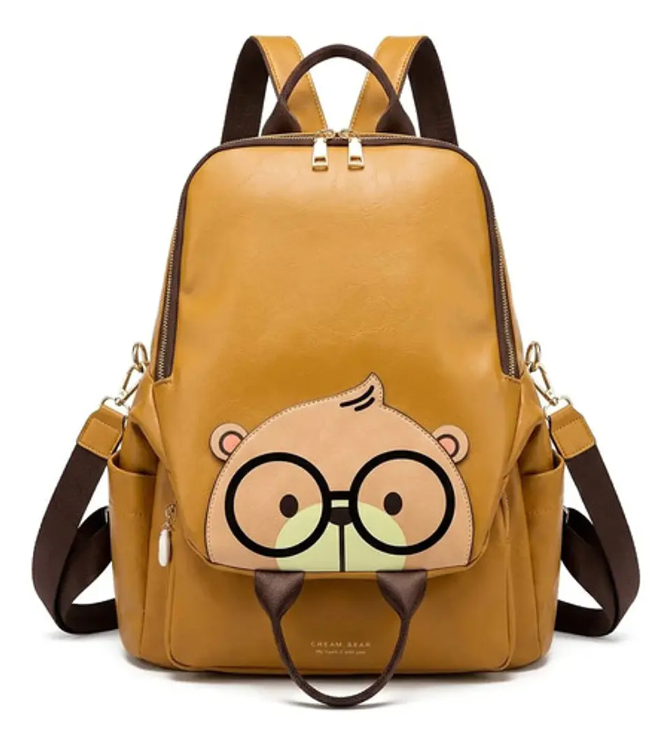 Mochila Cartera Mujer Cream Bear Diseño Oso Ecocuero Mostaza 1