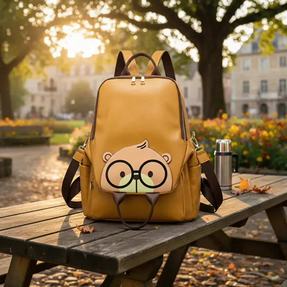 Mochila Cartera Mujer Cream Bear Diseño Oso Ecocuero Mostaza 2
