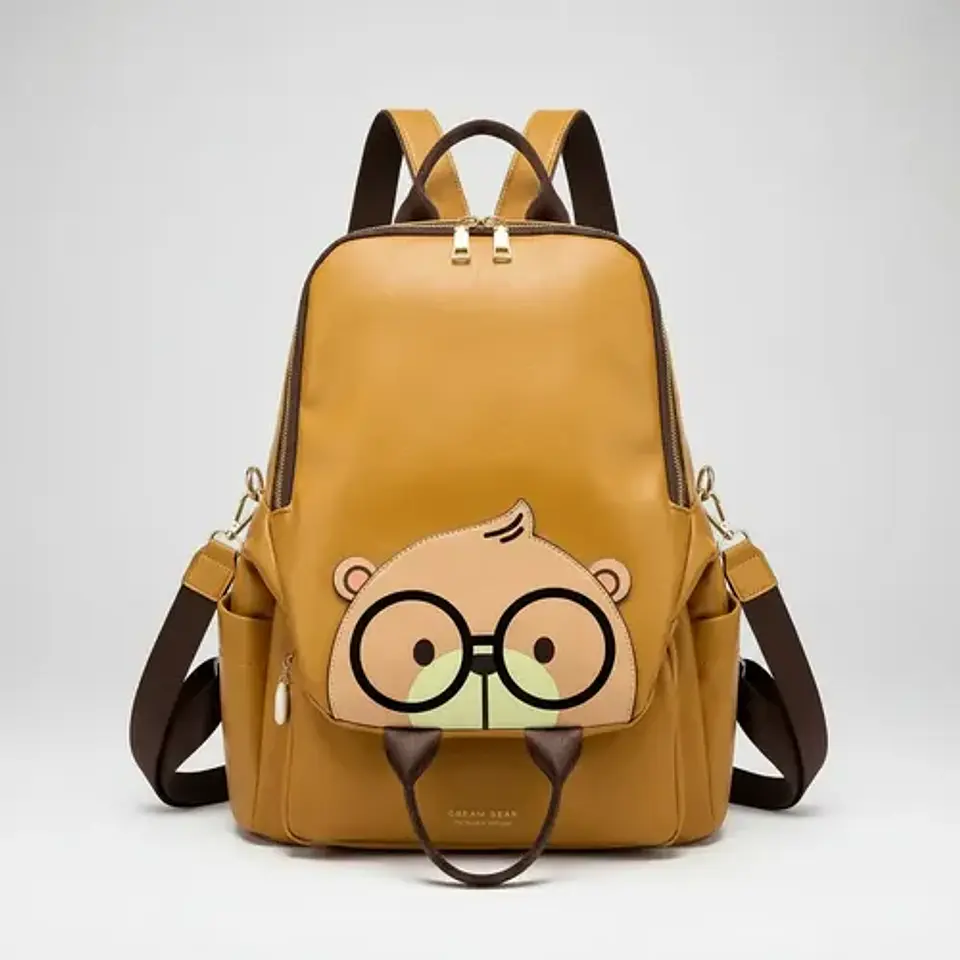 Mochila Cartera Mujer Cream Bear Diseño Oso Ecocuero Mostaza 5