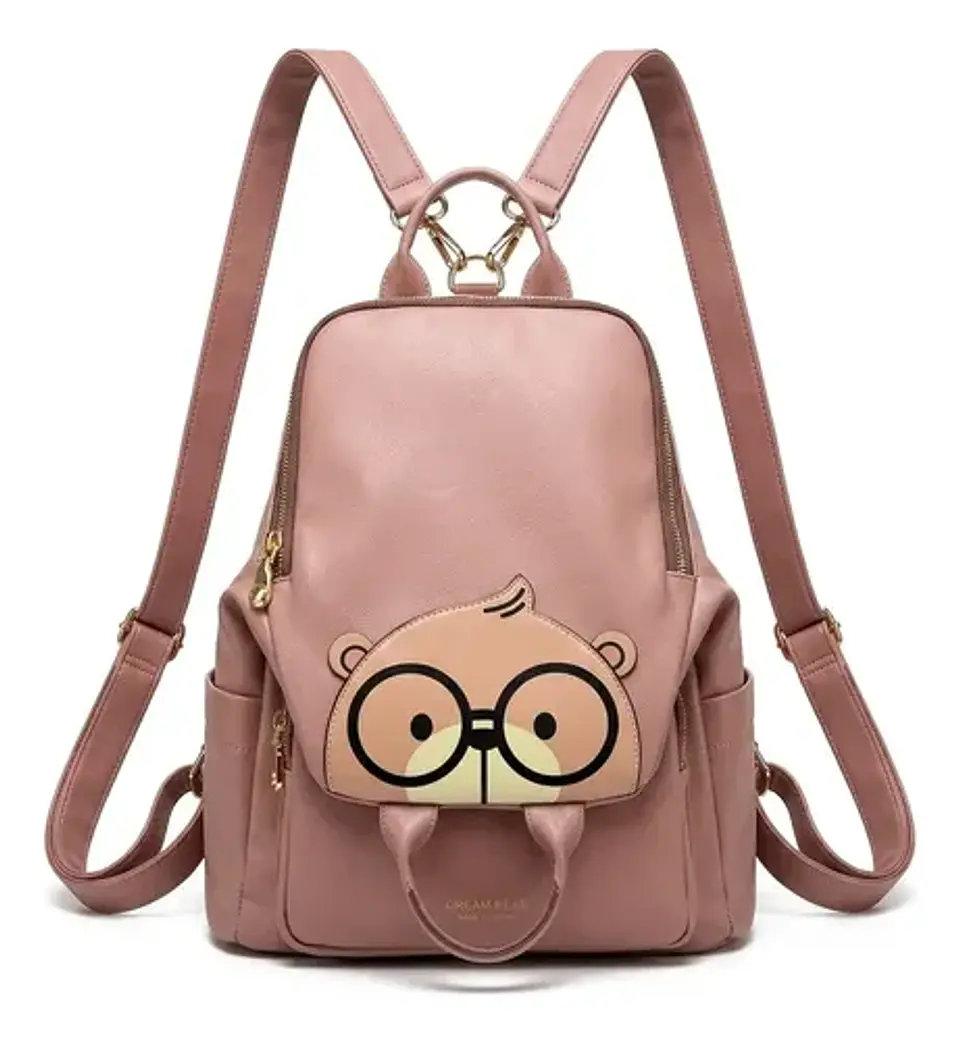 Mochila Cartera Mujer Cream Bear Diseño Oso Ecocuero Mostaza 1