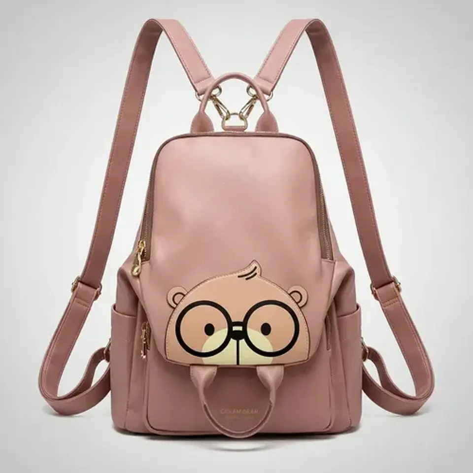 Mochila Cartera Mujer Cream Bear Diseño Oso Ecocuero Mostaza 5
