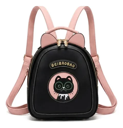 Mini Mochila Mujer Diseño Gato Kawaii Ecocuero Negro Rosa