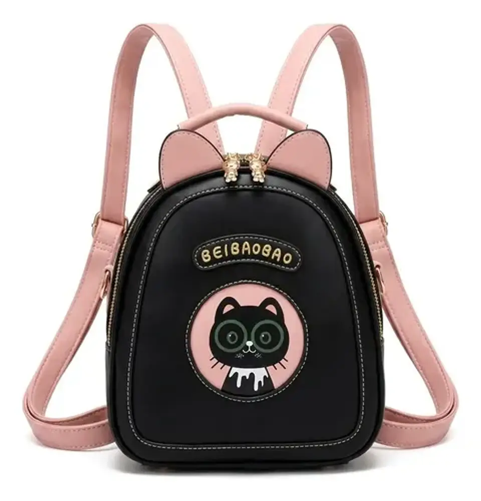 Mini Mochila Mujer Diseño Gato Kawaii Ecocuero Negro Rosa 1