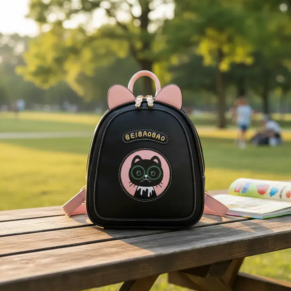 Mini Mochila Mujer Diseño Gato Kawaii Ecocuero Negro Rosa 2