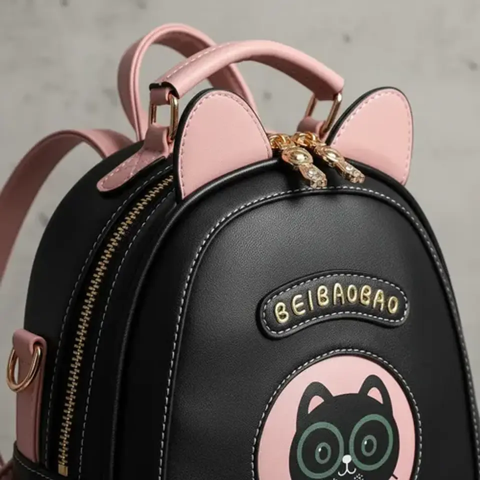 Mini Mochila Mujer Diseño Gato Kawaii Ecocuero Negro Rosa 4