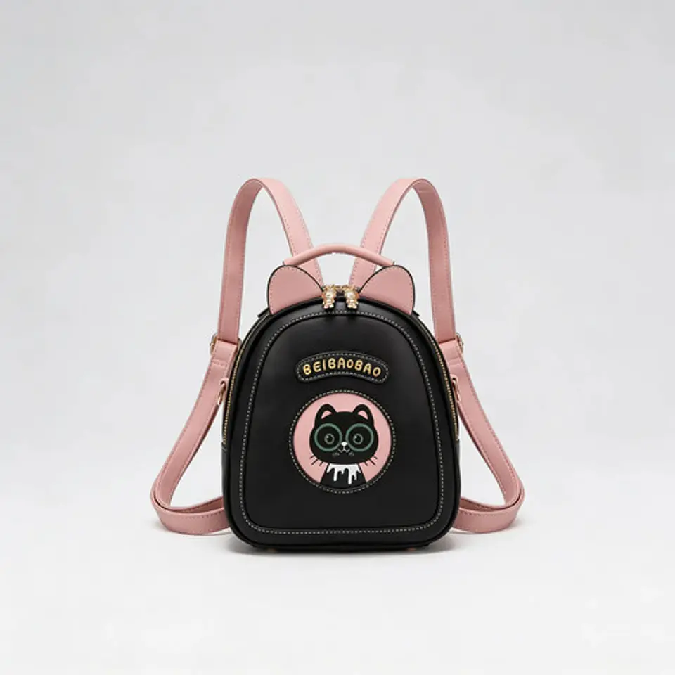 Mini Mochila Mujer Diseño Gato Kawaii Ecocuero Negro Rosa 5