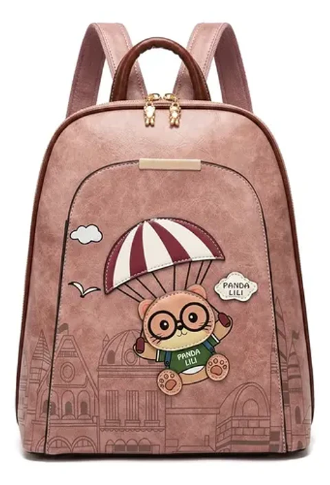 Mochila Mujer Panda Lili Ecocuero Rosa Diseño Oso Paracaídas