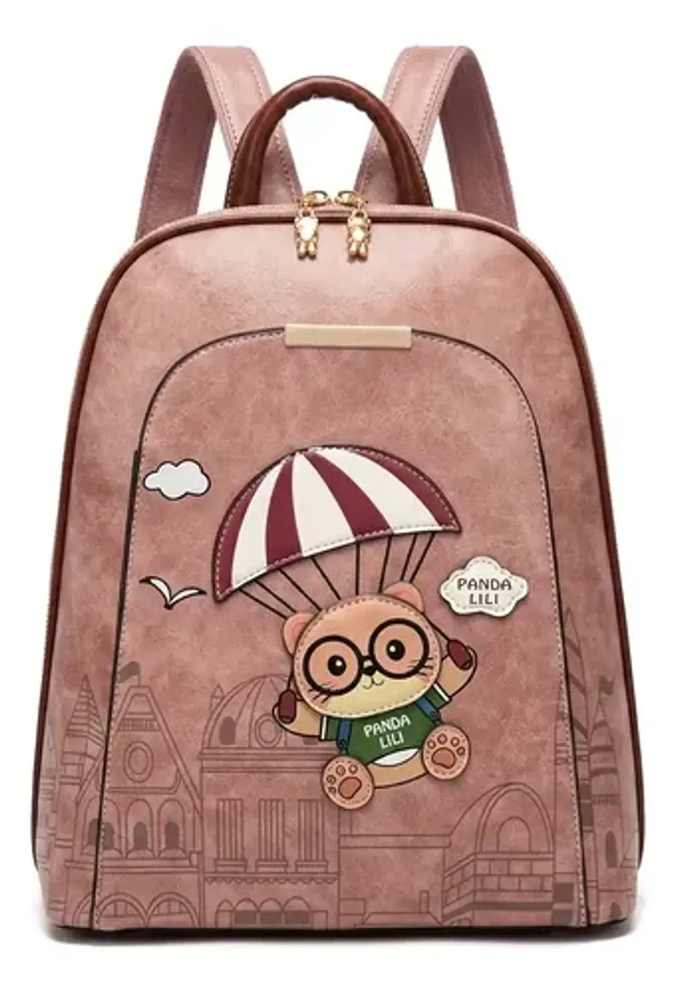Mochila Mujer Panda Lili Ecocuero Rosa Diseño Oso Paracaídas 2