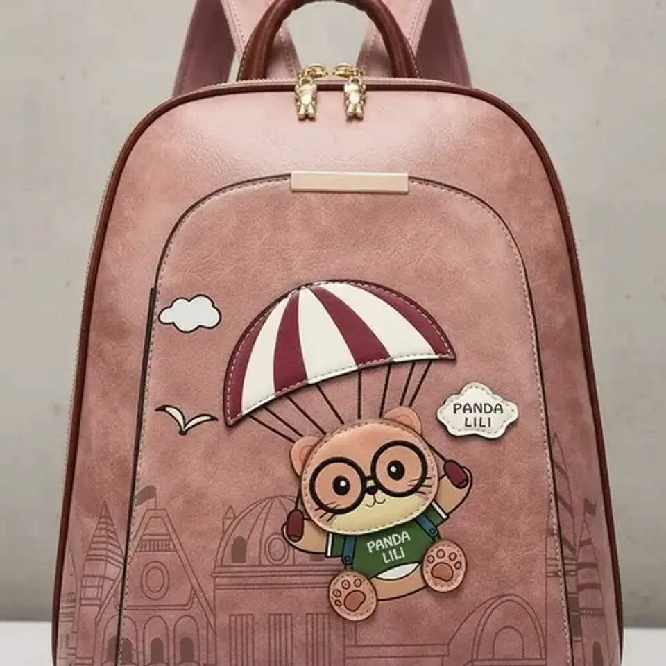 Mochila Mujer Panda Lili Ecocuero Rosa Diseño Oso Paracaídas 4