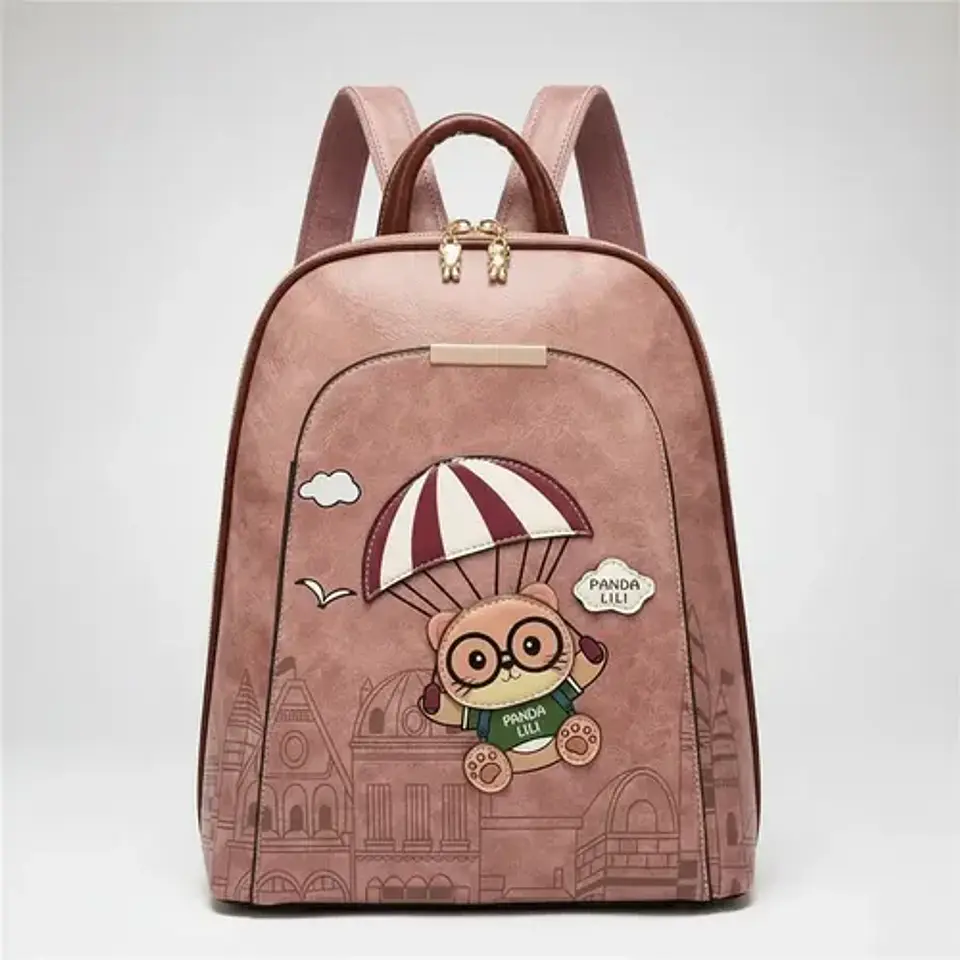 Mochila Mujer Panda Lili Ecocuero Rosa Diseño Oso Paracaídas 5
