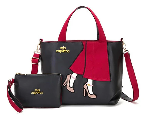 Set Cartera Y Estuche Mis Zapatos Negro Rojo Mujer