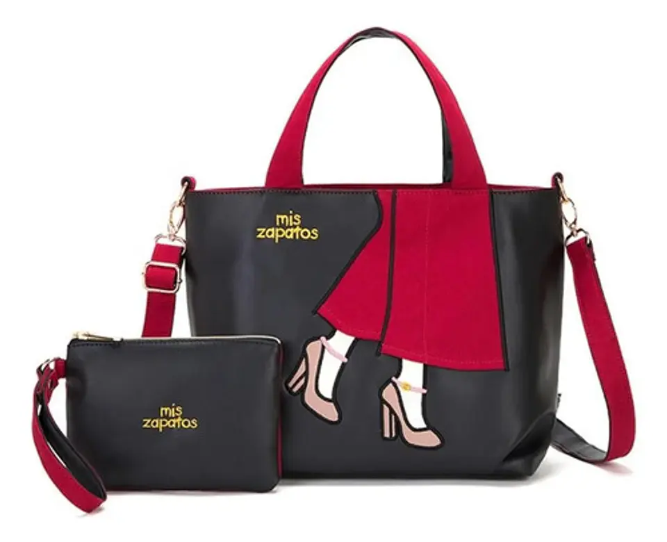 Set Cartera Y Estuche Mis Zapatos Negro Rojo Mujer 1